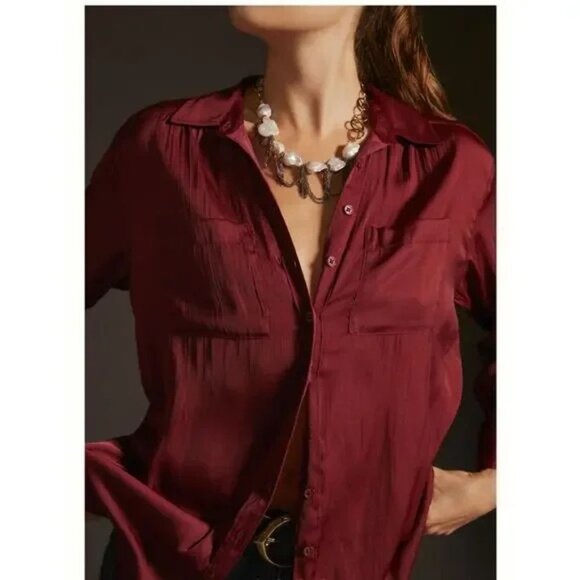 NWT Anthropologie Relaxed Button Down Shirt Wine Womens L Large - Picture 1 of 13